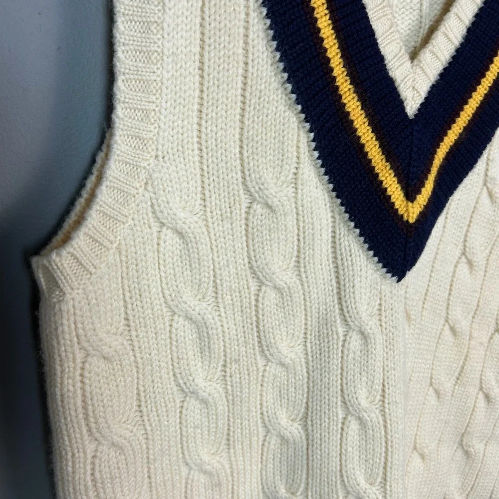 VTG Polo Ralph Lauren Cricket Sweater Vest Men's Small Wool Cable Knit Varsity